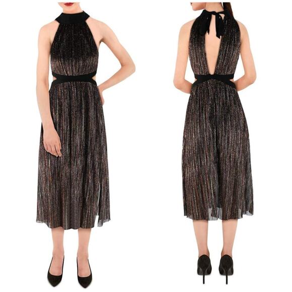 NWT BCBGeneration Mock Neck Bow Back Midi Dress Size 10 Metallic Striped Cut Out - Picture 14 of 14